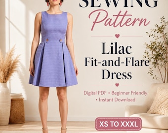 May include: A lilac fit-and-flare dress with a textured fabric, a round neckline, and two buttons at the waist. The text reads: SEWING PATTERN, Lilac Fit-and-Flare Dress, Digital PDF, Beginner Friendly, Instant Download, and XS TO XXXL.