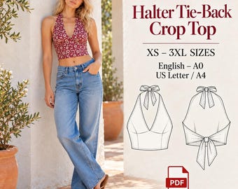 Wzór na top typu halter z wiązaniem na plecach w formacie PDF | Dekolt w serek z odkrytymi plecami, XS-3XL