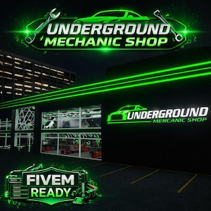 Könnte beinhalten: Grafikdesign für eine Autowerkstatt. Das Design zeigt den Text "UNDERGROUND MECHANIC SHOP" in Weiß und Grün, mit einer Autosilhouette und einem Schraubenschlüssel. Das Design enthält auch den Text "FIVE READY".
