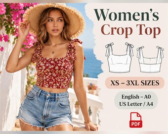 Tie Shoulder Crop Top Sewing Pattern PDF | Square Neck Summer Top XS-3XL