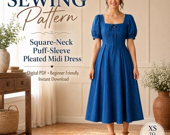 May include: A blue midi dress featuring a square neckline, short puff sleeves, and a pleated skirt. The text on the image reads: SEWING Pattern, Square-Neck Puff-Sleeve Pleated Midi Dress, Digital PDF, Beginner Friendly, Instant Download, XS TO XXXL.