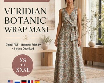 Veridian Botanic Wrap Maxi Dress Sewing Pattern, XS-XXXL, A4 PDF, Beginner Friendly