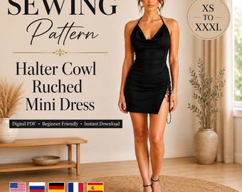 May include: A black mini dress with a halter neckline, cowl neck, and ruched side detail. The text reads: SEWING Pattern Halter Cowl Ruched Mini Dress, Digital PDF, Beginner Friendly, Instant Download, and sizes XS TO XXXL.