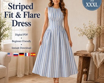 May include: A sleeveless fit and flare dress with vertical blue and white stripes, a round neckline, and a full skirt. Text on the image reads: Striped Fit & Flare Dress, Digital PDF, Beginner Friendly, Instant Download, and XS to XXXL.