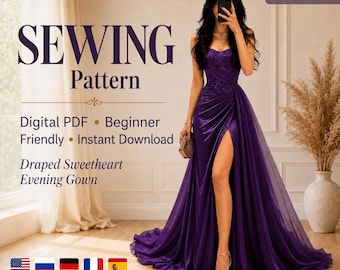 May include: A digital PDF sewing pattern for a draped sweetheart evening gown, available in sizes XS to XXXL. The pattern is beginner friendly and features an instant download option. The gown is deep purple with a high leg slit and tulle overlay.