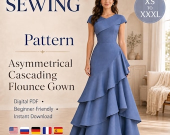 May include: A blue floor-length gown with short sleeves, a crossover neckline, and an asymmetrical cascading flounce skirt. Text reads: SEWING Pattern Asymmetrical Cascading Flounce Gown, Digital PDF, Beginner Friendly, Instant Download, XS TO XXXL.