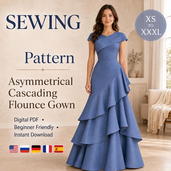 Asymmetrical Cascading Flounce Gown Sewing Pattern PDF, Women Formal Dress Pattern XS-XXXL, A4 Printable Pattern, Ruffle Maxi Dress