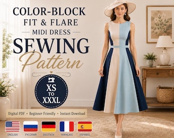 May include: A color-block fit and flare midi dress sewing pattern in sizes XS to XXXL. The text reads: COLOR-BLOCK FIT & FLARE MIDI DRESS SEWING PATTERN. The dress features a sleeveless bodice and a flared skirt with beige, light blue, and navy panels.