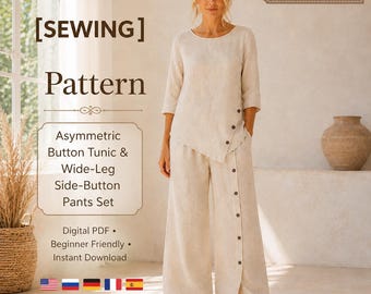 May include: A digital sewing pattern for an asymmetric button tunic and wide-leg side-button pants set. The text reads [SEWING] Pattern, Asymmetric Button Tunic & Wide-Leg Side-Button Pants Set, Digital PDF, Beginner Friendly, Instant Download, XS TO XXXL.