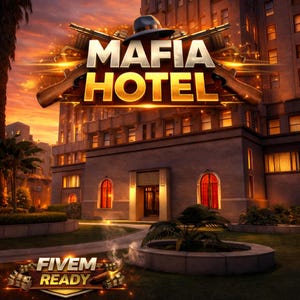 Könnte beinhalten: Digitales Kunstwerk mit einem Hotelfassade mit den Worten "MAFIA HOTEL" in großen, goldenen Buchstaben. Das Bild enthält einen Fedora, zwei Waffen und den Text "FIVE READY" mit Geld und Zigarren. Der Hintergrund ist ein Sonnenuntergang.