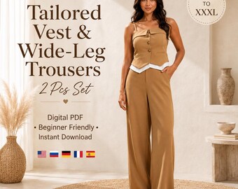May include: A two-piece set consisting of a tan tailored vest with a white hem detail and matching wide-leg trousers. The text reads: Tailored Vest & Wide-Leg Trousers 2 Pcs Set, Digital PDF, Beginner Friendly, Instant Download, and XS TO XXXL.