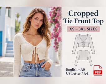 Patron de couture PDF pour top court à nouer sur le devant | Top à manches longues et col V XS-3XL