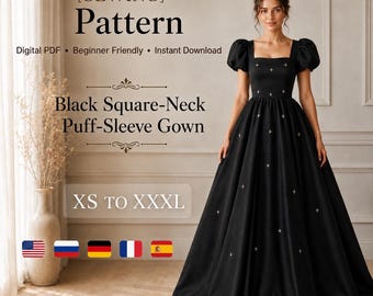 May include: A black square-neck gown with puff sleeves and small cross-shaped embellishments. The text reads: [SEWING] Pattern, Digital PDF, Beginner Friendly, Instant Download, Black Square-Neck Puff-Sleeve Gown, XS TO XXXL.