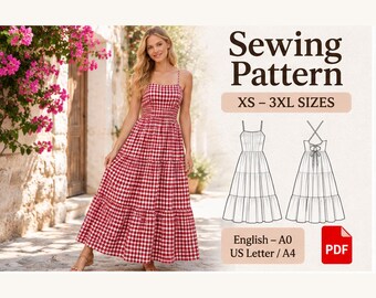 Patron de couture PDF pour robe longue vichy | Robe d'été à dos croisé XS-3XL
