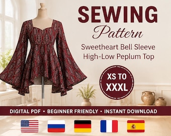 May include: A sewing pattern for a sweetheart bell sleeve high-low peplum top in sizes XS to XXXL. The digital PDF includes text stating SEWING Pattern, Sweetheart Bell Sleeve High-Low Peplum Top, XS TO XXXL, DIGITAL PDF, BEGINNER FRIENDLY, INSTANT DOWNLOAD.