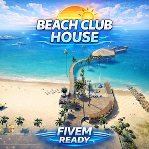 May include: A digital illustration of a beach club with the text "BEACH CLUB HOUSE" and "FIVE M READY". The scene includes a pier, palm trees, and a bright sun over the turquoise sea.