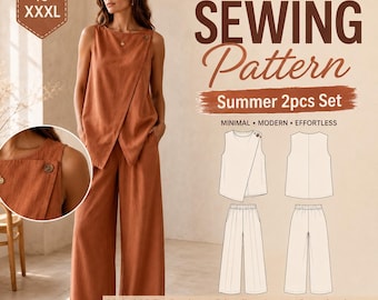 May include: A PDF sewing pattern for a summer two-piece set, including a sleeveless wrap-style top with a button closure and wide-leg trousers. The pattern is available in sizes XS to XXXL and features technical line drawings of the garments.