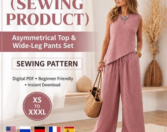 May include: A digital PDF sewing pattern for an asymmetrical top and wide-leg pants set in sizes XS to XXXL. The text reads (SEWING PRODUCT), Asymmetrical Top & Wide-Leg Pants Set, SEWING PATTERN, Digital PDF • Beginner Friendly • Instant Download.