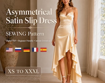May include: A sewing pattern for an asymmetrical satin slip dress in sizes XS to XXXL. The text reads Asymmetrical Satin Slip Dress, SEWING Pattern, Digital PDF, Beginner Friendly, Instant Download, and XS TO XXXL. The dress is light yellow.