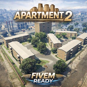 Puede incluir: Vista aérea de un complejo de apartamentos con el texto "APARTMENT 2" en letras doradas. La imagen también incluye el texto "FIVE M READY" en un diseño azul y blanco. Los edificios son marrones con tejados blancos y rodeados de árboles verdes.