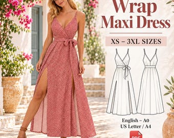Patron PDF de couture pour robe longue portefeuille | Robe d'été à col V et taille nouée, tailles XS à 3XL