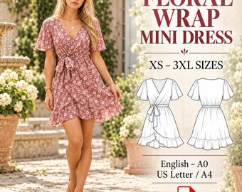 Patron de couture PDF pour robe portefeuille courte | Col en V, ourlet à volants, manches papillon, tailles XS à 3XL