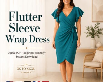 May include: A teal wrap dress with flutter sleeves and a V-neckline. The text on the image reads: Flutter Sleeve Wrap Dress, Digital PDF, Beginner Friendly, Instant Download, and XS TO XXXL. The dress features a side tie and knee-length hem.