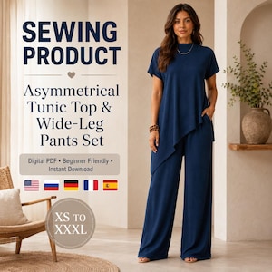 Peut inclure: Un ensemble deux pièces bleu marine composé d'une tunique à manches courtes avec un ourlet asymétrique et d'un pantalon large assorti. Le texte sur l'image indique SEWING PRODUCT, Asymmetrical Tunic Top & Wide-Leg Pants Set, Digital PDF, Beginner Friendly, Instant Download, et XS TO XXXL.