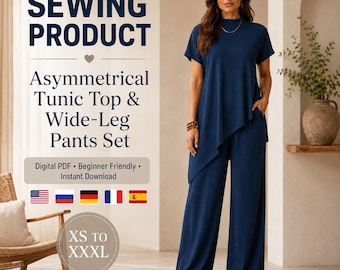 May include: A dark blue two-piece set consisting of a short-sleeved tunic top with an asymmetrical hemline and matching wide-leg pants. The text on the image reads SEWING PRODUCT, Asymmetrical Tunic Top & Wide-Leg Pants Set, Digital PDF, Beginner Friendly, Instant Download, and XS TO XXXL.