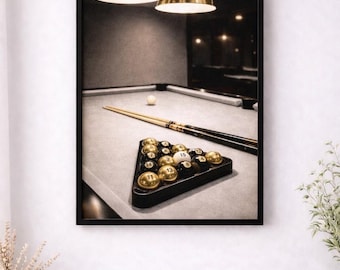 Arte mural de billar, fotografía moderna de mesa de billar, decoración en oro y negro.