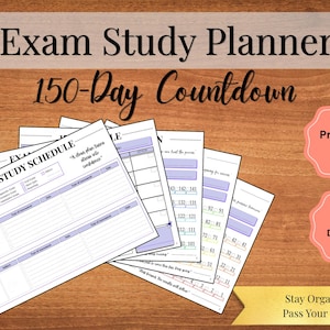 May include: An exam study planner with a 150-day countdown. The image shows several white pages with a purple and black design. The pages include an exam study schedule and a countdown calendar. The words "Printable PDF" and "Instant Download" are also visible.