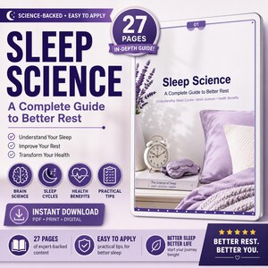 Può includere: Una guida digitale intitolata Sleep Science: A Complete Guide to Better Rest, composta da 27 pagine. La copertina mostra una camera da letto nei toni della lavanda con una sveglia bianca, una mascherina per dormire e un libro intitolato The Science of Sleep.