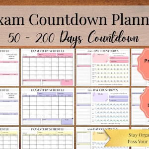 Peut inclure: Un planificateur de compte à rebours pour les examens avec un compte à rebours de 50 à 200 jours. L'image montre plusieurs calendriers d'étude et de compte à rebours en rose, violet et jaune. Le texte comprend "Exam Study Schedule" et "Stay Organized. Pass Your Exams."
