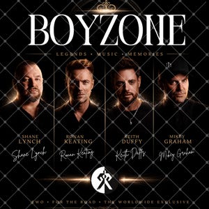 May include: A promotional image for Boyzone, featuring four band members. The band's name is displayed in large white letters at the top, with the words "Legends, Music, Memories" below. Each member's name is listed below their portrait, with their signature below. The image has a dark, elegant design.