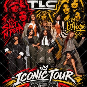 Op de afbeelding: Een zwarte grafische print met de tekst TLC, Salt N Pepa, En Vogue en Iconic Tour. Het ontwerp toont meerdere artiesten in diverse outfits, waaronder blazers, rokken en tops, gerangschikt rond een illustratie van een gettoblaster.