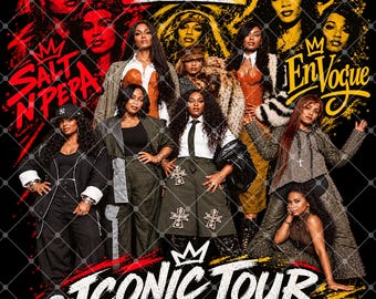 May include: A black graphic print featuring the text TLC, Salt N Pepa, En Vogue, and Iconic Tour. The design displays multiple performers in various outfits, including blazers, skirts, and tops, arranged around a central boombox illustration.