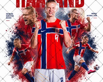 Haaland PNG voetbalshirt ontwerp, Manchester City voetbal clip art, Erling Haaland sublimatiebestand, Noorwegen WK shirt ontwerp PNG