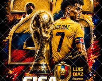 Luis Díaz Colombia voetbal, png PNGEgg | Vintage poster WK 2026 | Digitale sublimatiedownload