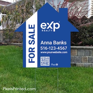 printed EXP realty yard sign, house shaped real estate sign - 23&quot; x 23&quot; EXP realty lawn sign - full color both sides