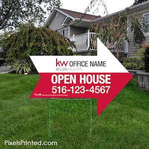 May include: A red and white open house sign with a white arrow pointing to the right. The sign has the text "kw OFFICE NAME KELLERWILLIAMS. OPEN HOUSE 516-123-4567" on it.