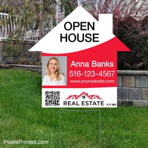 printed Independent real estate house shape yard sign, for sale yard sign, open house yard sign - 23&quot; x 23&quot; - with metal stakes