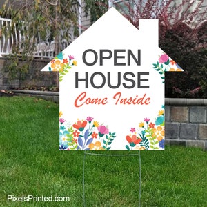 printed house shaped open house yard sign, open house yard sign -  23&quot; x 23&quot; - with metal stakes - full color both sides