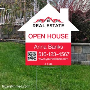 printed Independent real estate house shape yard sign, for sale yard sign, open house yard sign - 23&quot; x 23&quot; - with metal stakes