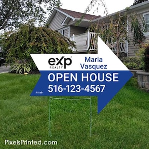 printed EXP realty open house yard sign, real estate arrow shaped yard sign - 18&quot; x 24&quot; EXP realty lawn sign - full color both sides