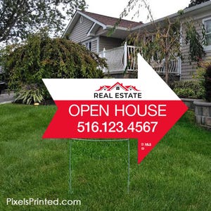 Independent real estate arrow shaped yard sign, for sale yard sign, open house sign - 18&quot; x 24&quot; - with metal stakes - full color both sides
