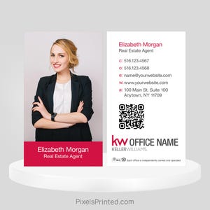 May include: A business card for a real estate agent named Elizabeth Morgan. The card features a photo of the agent, her contact information, and the Keller Williams logo. The text on the card reads "Elizabeth Morgan, Real Estate Agent, c: 516.123.4567, o: 516.123.4568, e: name@yourwebsite.com, w: www.yourwebsite.com, a: 100 Main St. Suite 100 Anytown, NY 11709, kw OFFICE NAME, KELLERWILLIAMS, Each office is independently owned and operated."