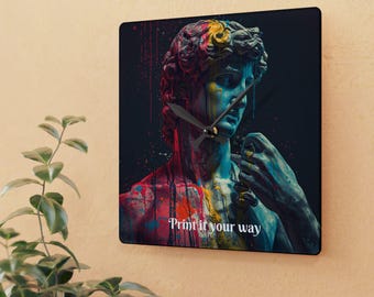 Personlig färgstänkt David-staty i akryl väggklocka | Modern popkonst heminredning