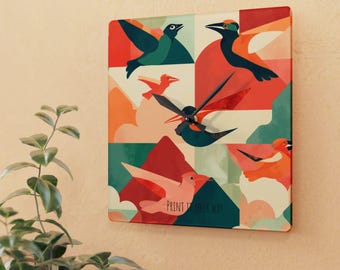Personlig väggklocka i akryl, geometrisk design, retro | Midcentury Modern Bird Art