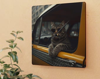 Väggklocka i akryl med katttaxi | Retro solglasögon, foto av kattkörning