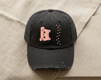 Peeking Kawaii Kitty Cap | Distressed Baseball Hat with Pink Paw Print